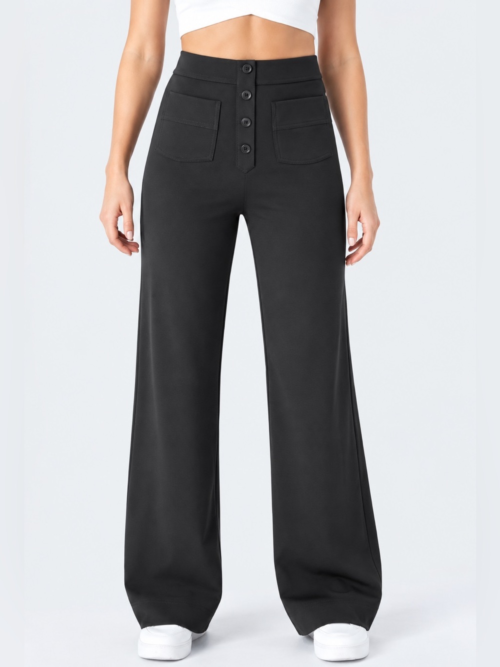 HALARA Black High-Waist Wide Leg Button Front Pants